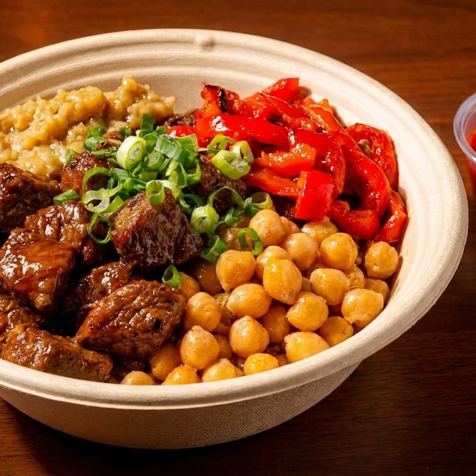 A takeout bowl filled with beef, chickpeas, red peppers, rice, green onions, and a side of red sauce.