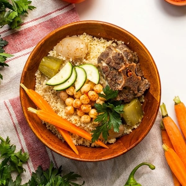 Couscous with meat, chickpeas, zucchini, carrots, and parsley in a wooden bowl.