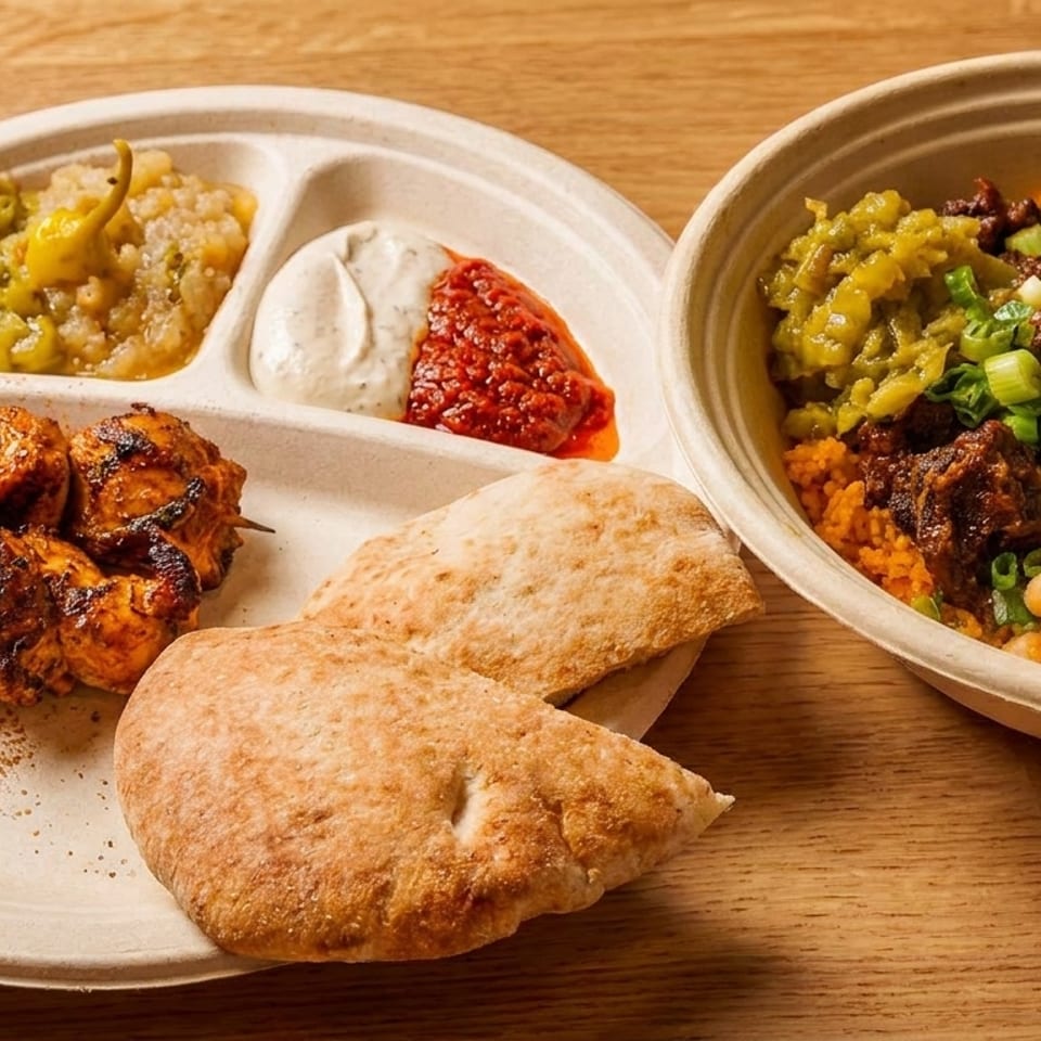Grilled chicken skewers, pita bread, sauces, and a bowl of rice, chickpeas, and meat.