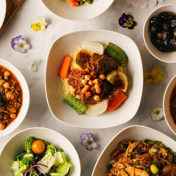 An overhead view of various Moroccan dishes, including couscous, stews, salads, and olives, on a white table.