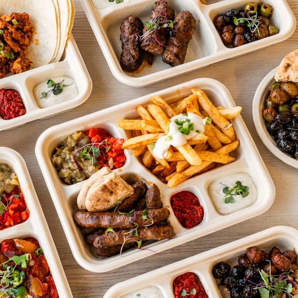 Multiple takeout containers filled with various Mediterranean dishes, including meats, fries, pita, and dips.