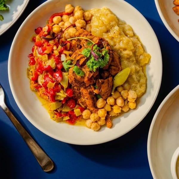 A vibrant spread of Middle Eastern dishes, including chicken, chickpeas, vegetables, fries, and fried croquettes.