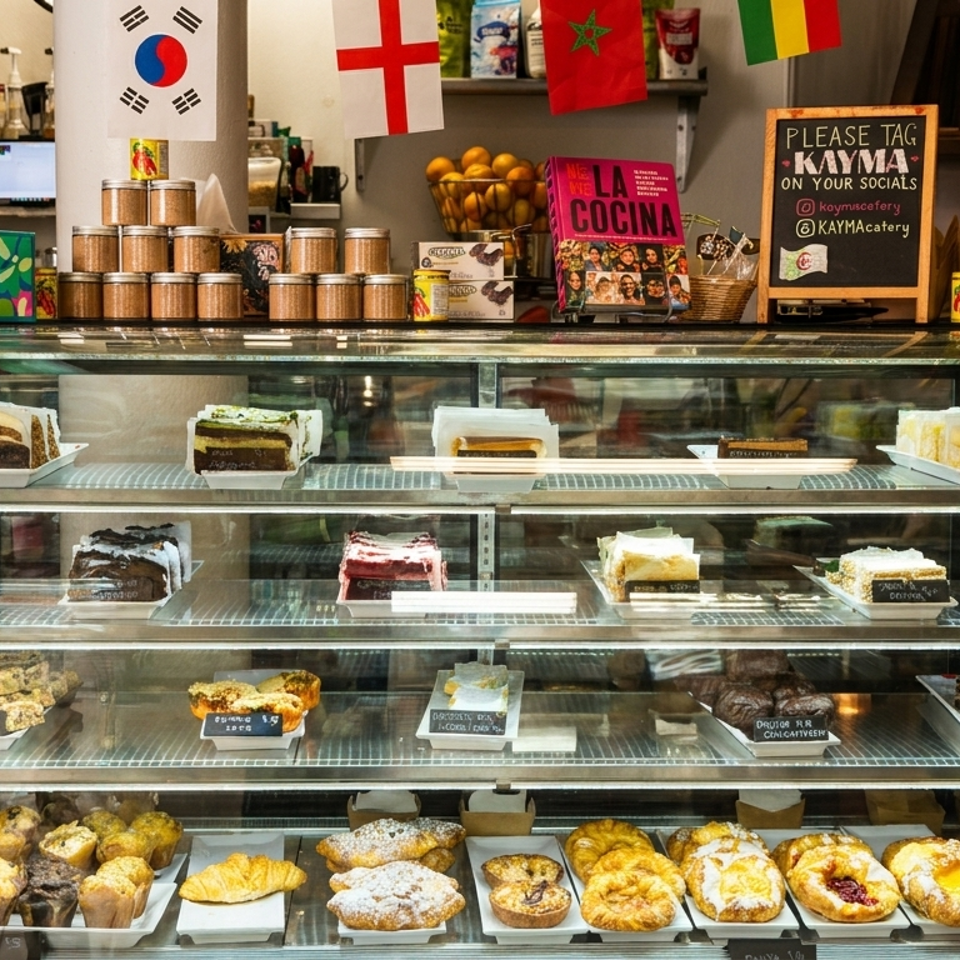 A glass display case filled with various cakes, pastries, and muffins at Kayma restaurant.