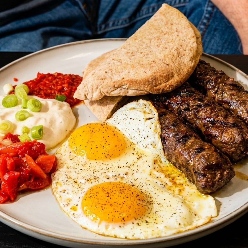 A plate of grilled meat sausages, two fried eggs, pita bread, red pepper relish, and a creamy dip.